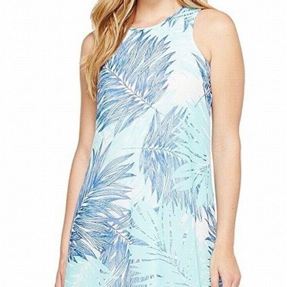 Calvin Klein NEW White Blue Leaf Printed Women's Size 8 Chiffon Shift Dress $119 - Picture 1 of 3